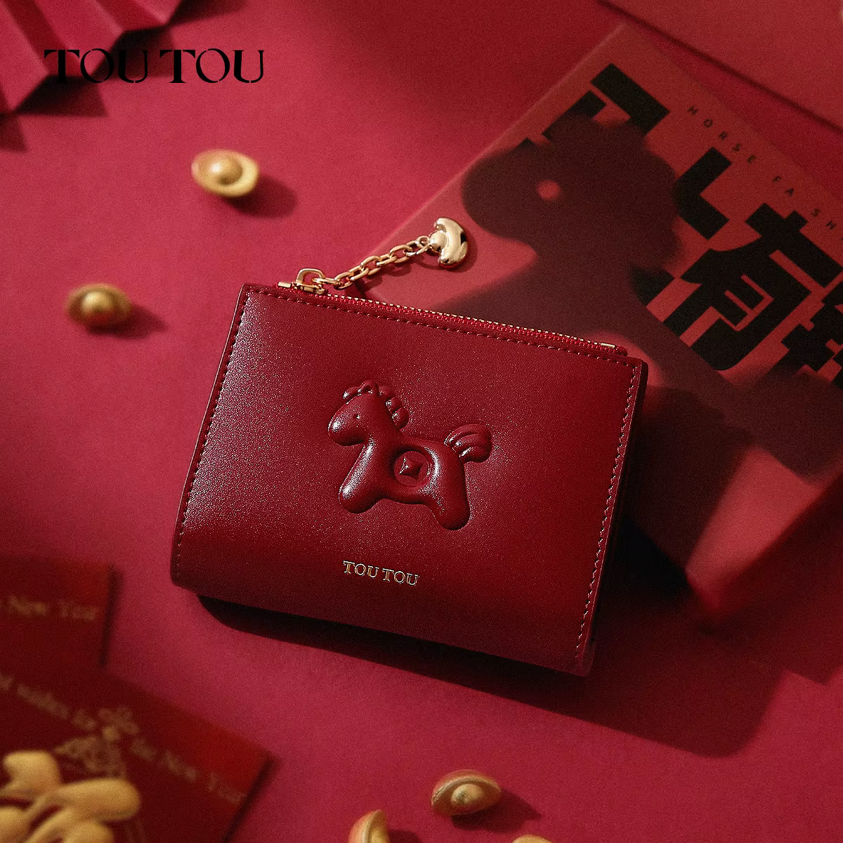 Portefeuille toutou rouge en cuir de vachette, un porte-monnaie léger et compact pour cartes et pièc