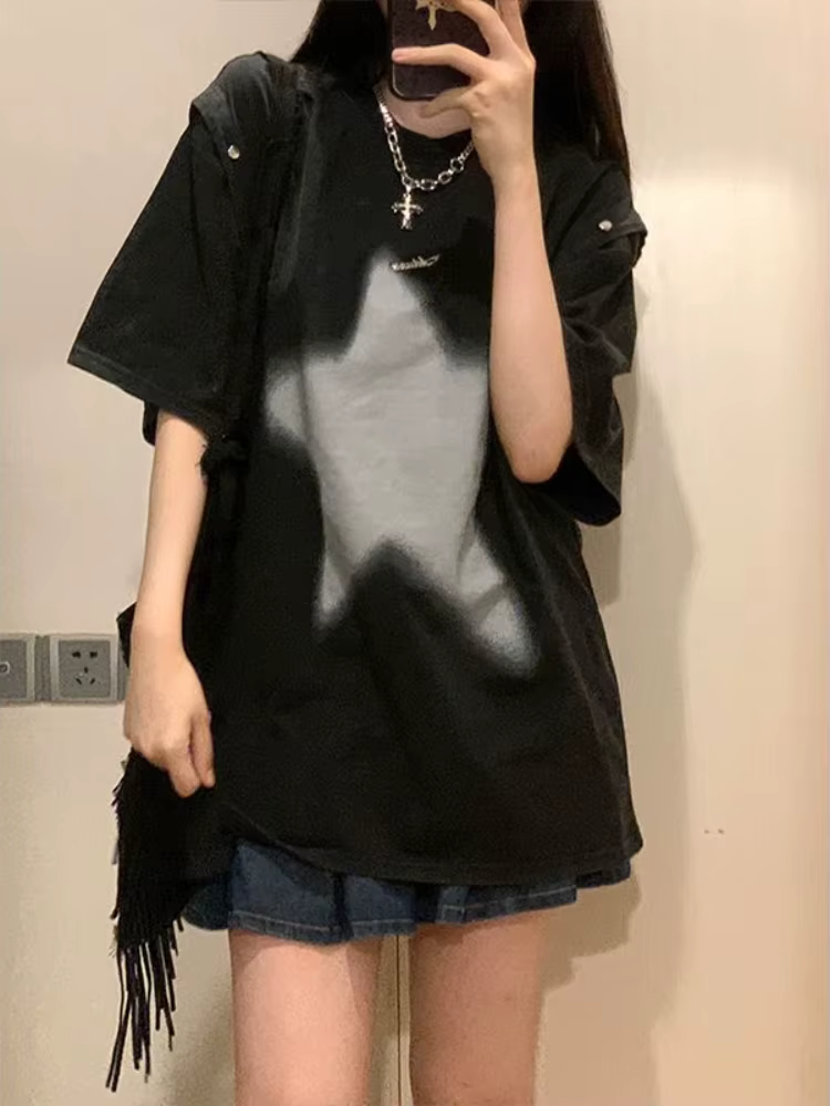 Économie à manches perfectionnées pour femmes, style américain, mode rétro, baggy délavé, décontract