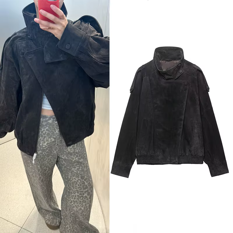 Veste pour femme, printemps 2026, nouvelle veste en similicuir noir à manches longues, style motard,