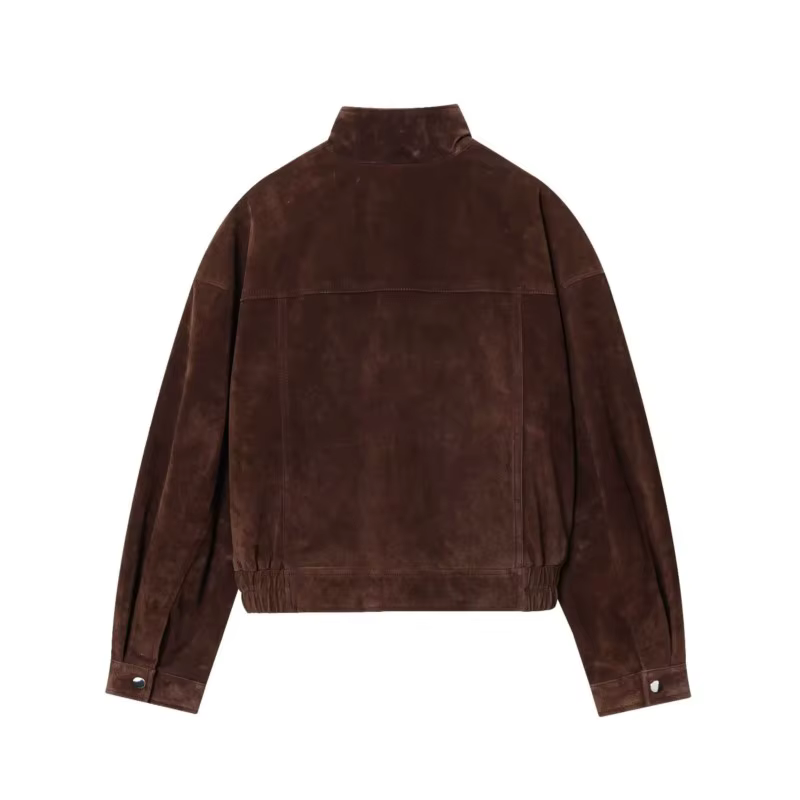 Femmes veste en cuir suédé avec poches automne mode col haut à manches longues bouton veste dame man