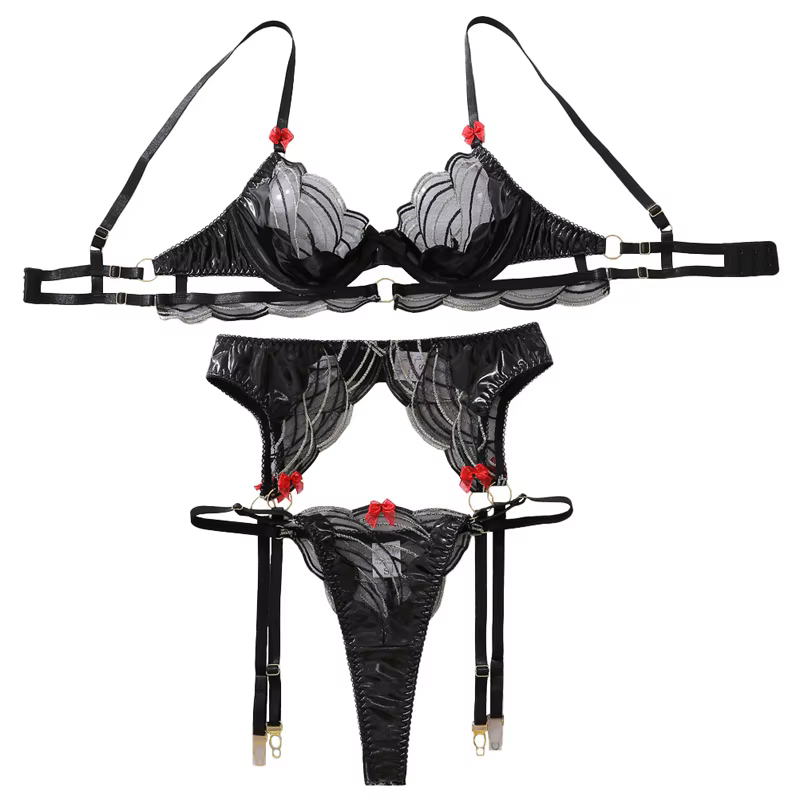 Ensemble de lingerie sexy pour femme, soutien-gorge noir à armatures, broderie géométrique, porte-ja