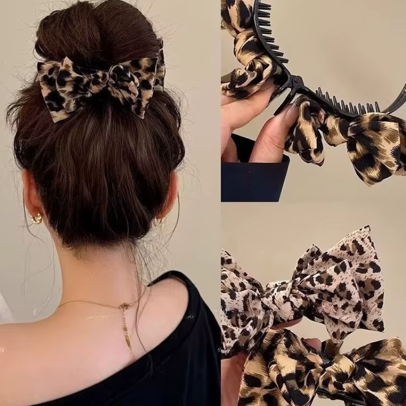 Pince à cheveux nœud imprimé léopard pour femme, style rétro, pour chignon ou queue de cheval haute,