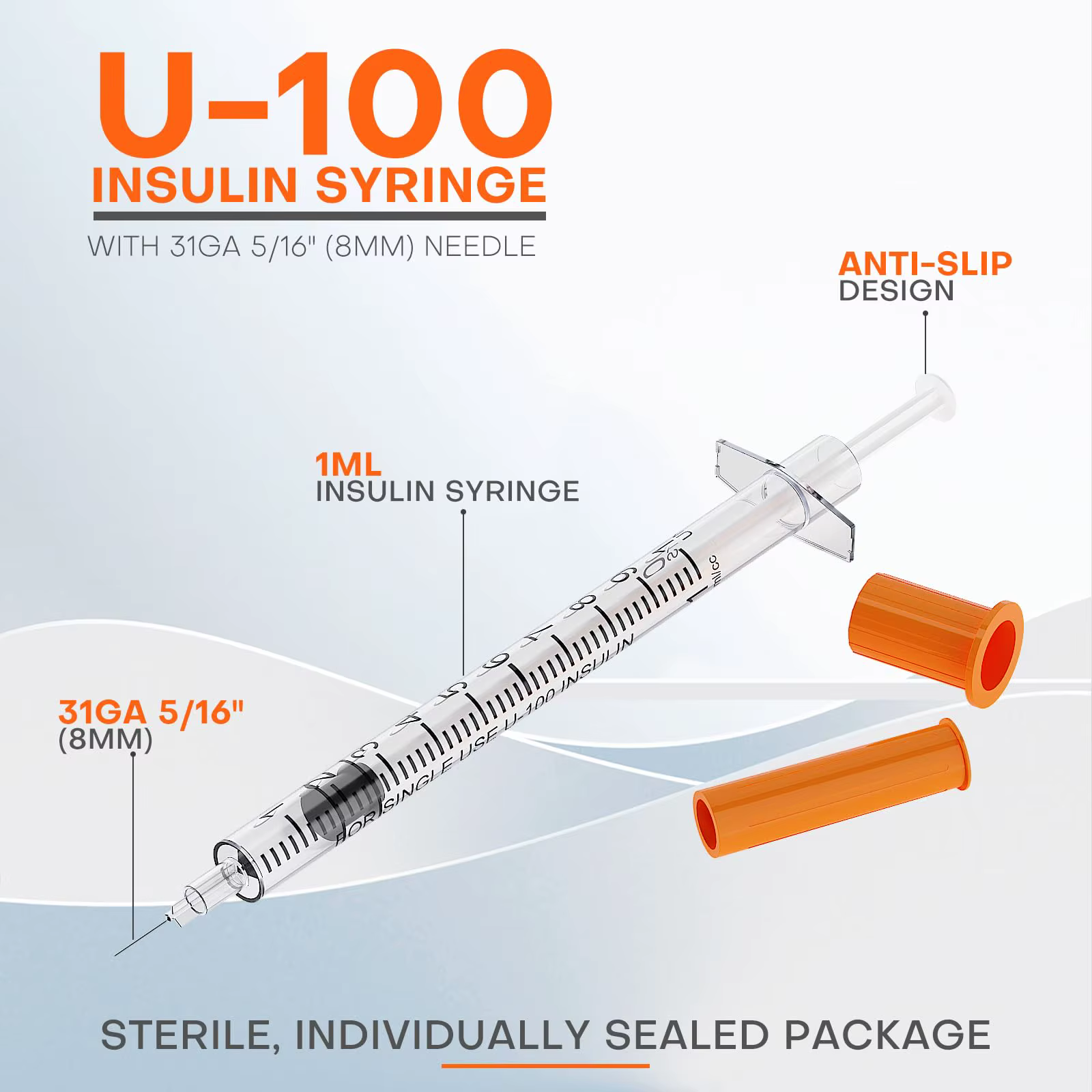 Seringage à insuline avec capuchon Orange à aiguille, stérilisé, emballé individuellement, sécurité