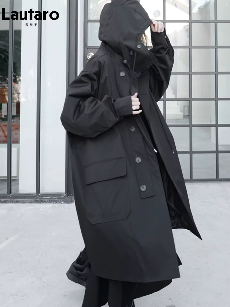 Lautaro-Manteau Long Respirant Noir avec Capuche pour Femme, Vêtements de Créateur de Luxe, Dark Aca