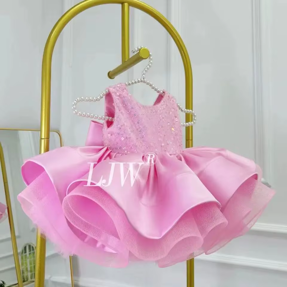 Col en v rose paillettes fleur fille robe de mariée bébé premier robe de noël élégant fête d'anniver