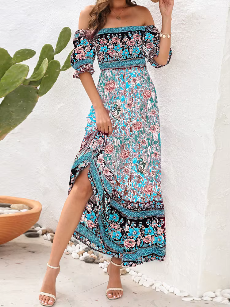 Robe longue plissée à imprimé Floral, style Boho, tenue de plage, manches courtes, col carré, à vola