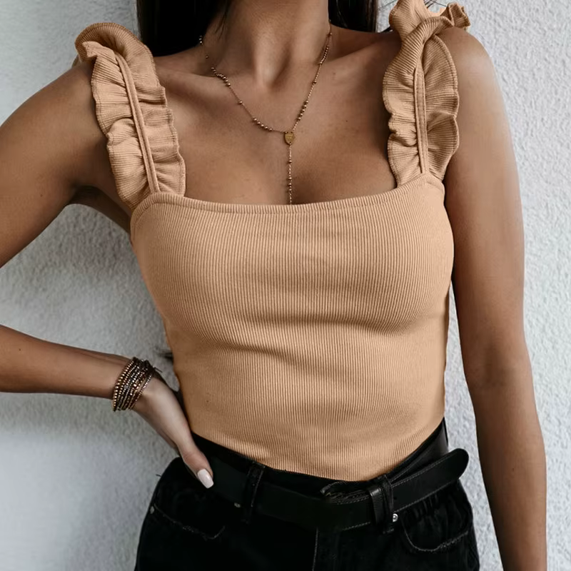 Précieux Y-Femmes Col Carré Monochromatique Tricot Décontracté Basique Ddeau Lit Slim Volants, Été