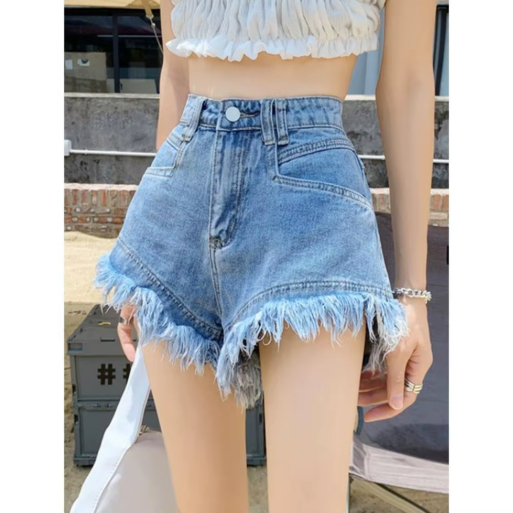 Short en Denim taille haute pour femmes, nouveau Design, jambes larges, ample, pompon en forme de A,