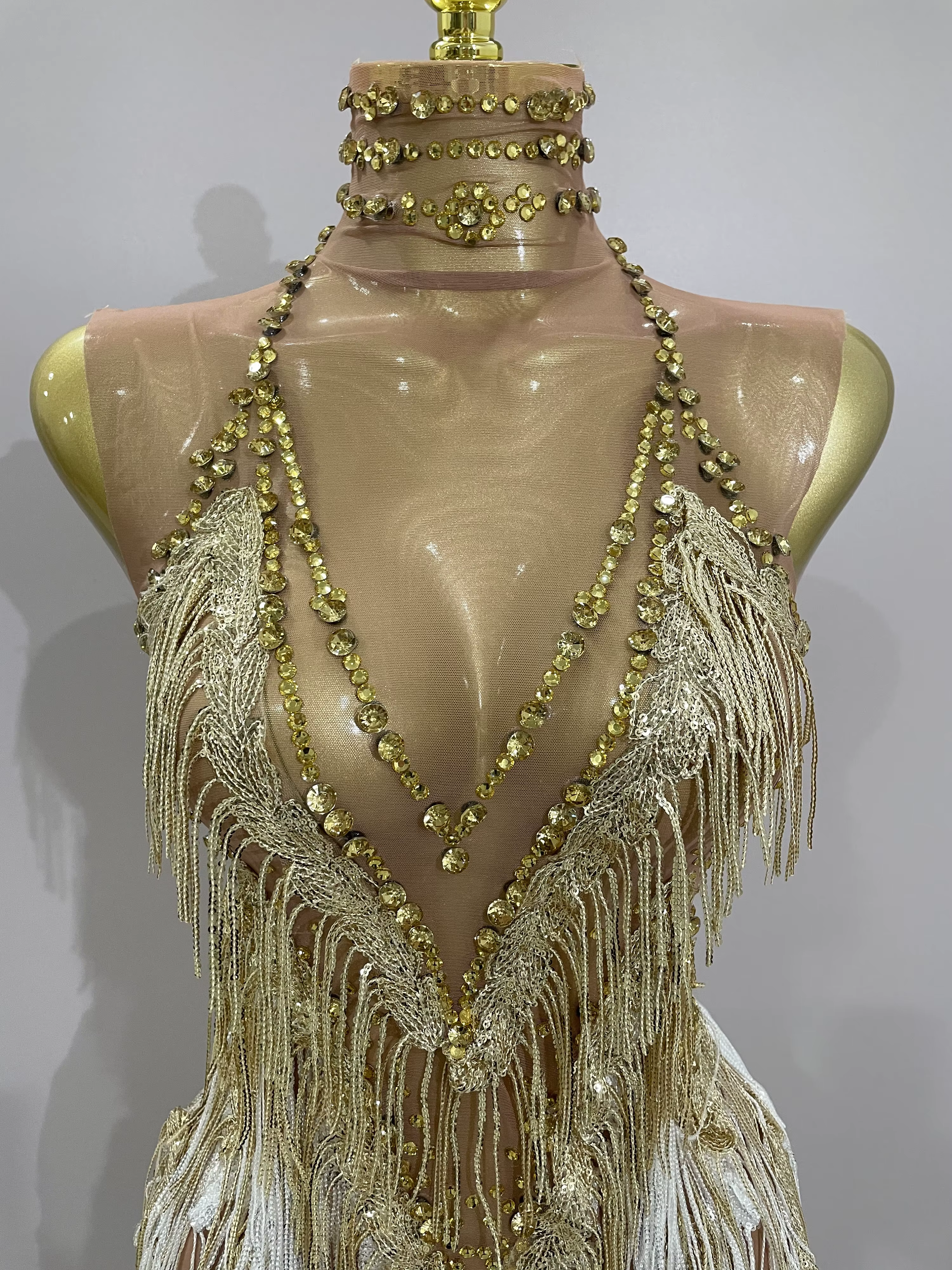 Stock 2025 femmes Sexy maille extensible brillant strass glands Mini robe discothèque chanteur danse