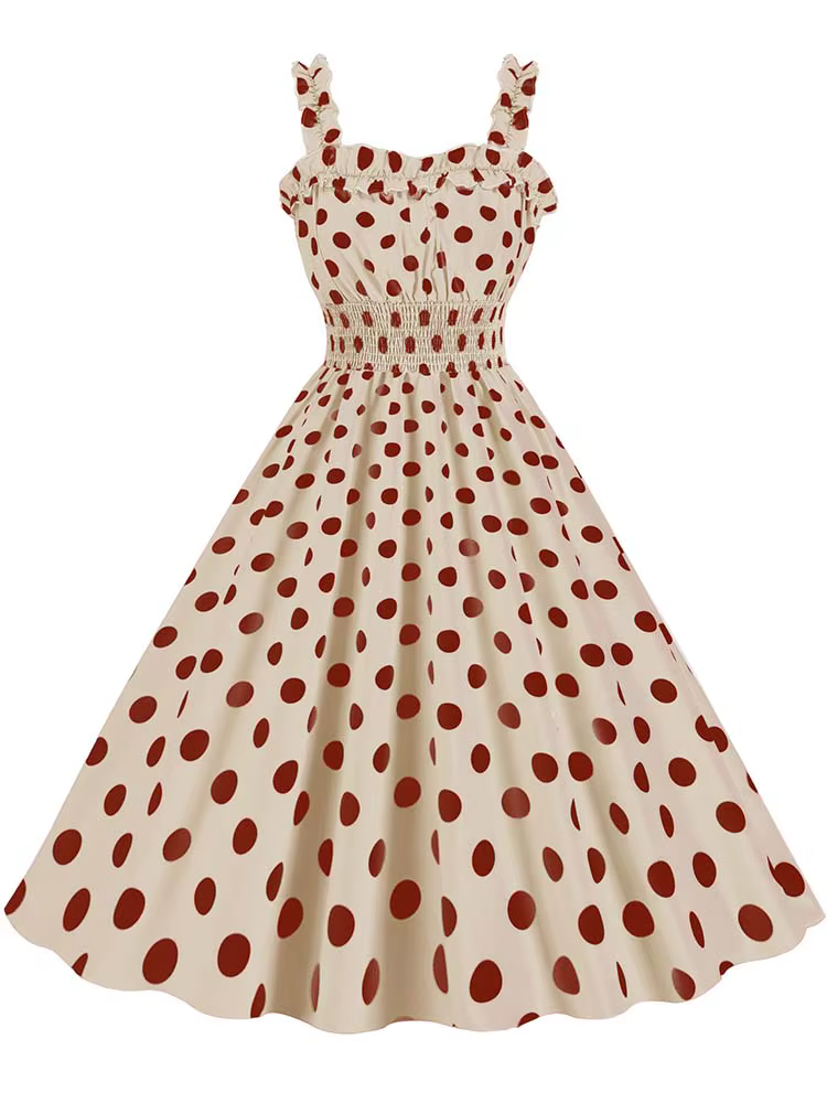 Robe mi-longue froncée à pois roses pour femmes, bretelles spaghetti, vintage, décontracté, imprimé,