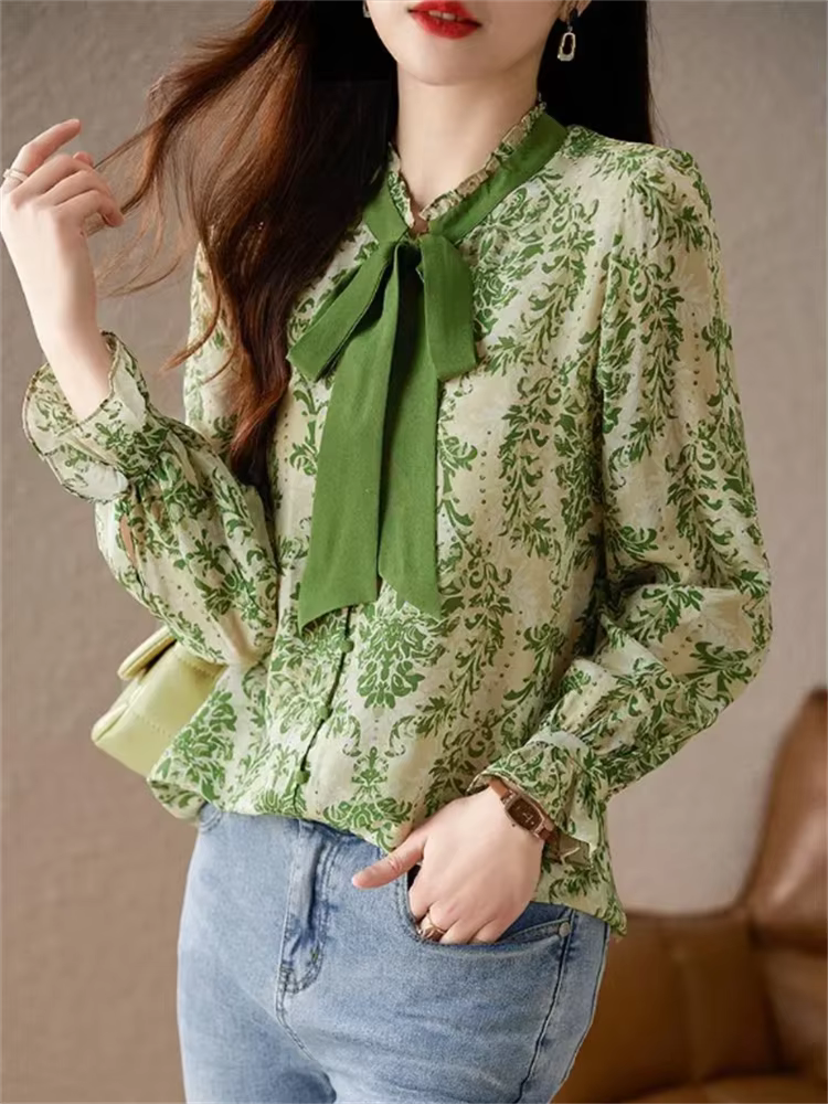 Chemise à volants avec nœud pour femme, manches lanterne, haut décontracté, col montant, ruban, chem