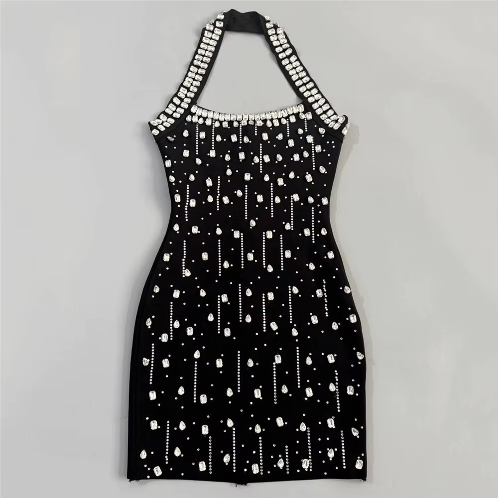 Robe de soirée mini pour femme, style halter, ornée de strass et de diamants, idéale pour les clubs 