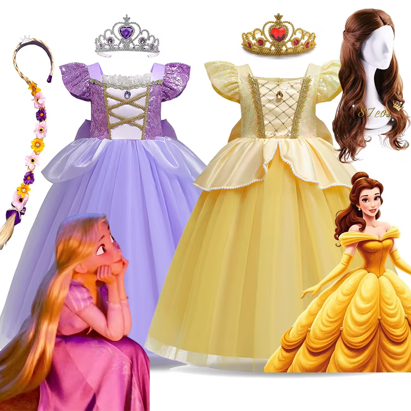 Robe Disney raiponce Belle pour enfants filles, déguisement de princesse de carnaval, tenue de fête 