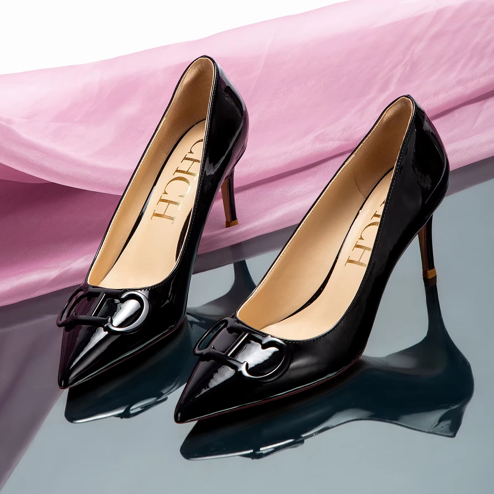 C-H – chaussures à talons hauts pour femmes, chaussures de mariage d'affaires en cuir laqué noir, 7c