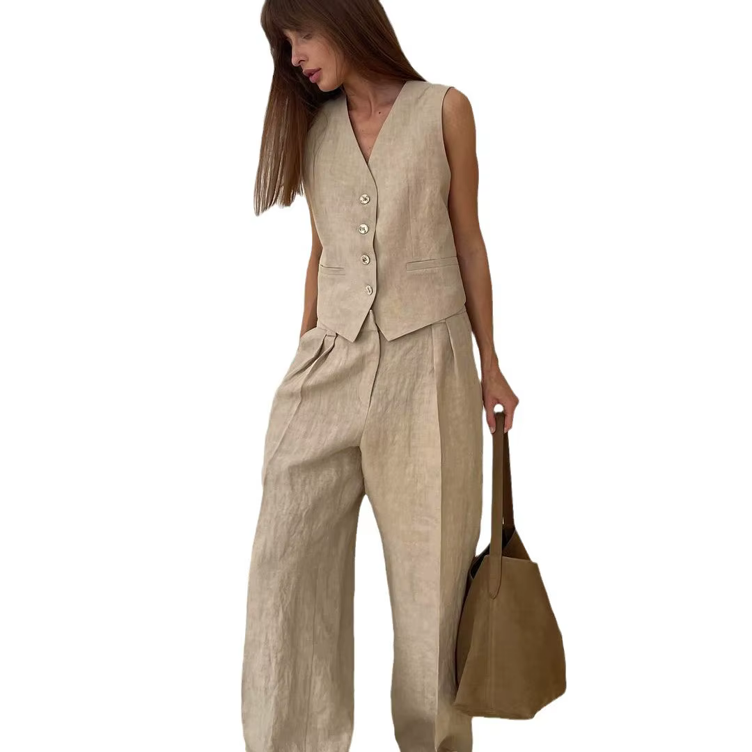 2025 nouvelles femmes lin coton Chic gilet et pantalon costume deux pièces ensemble bureau dames été