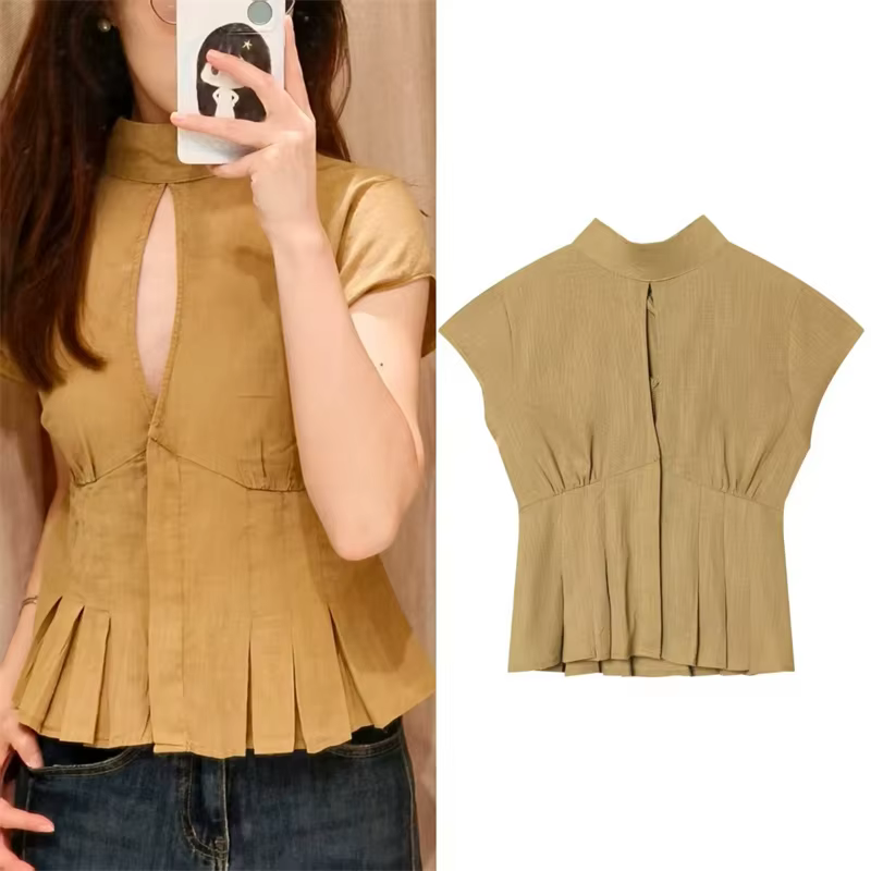 Chemise Femme Été 2026 Nouvelle Collection Kaki Manches Courtes Nœud Décoratif Ourlet Creux Style Dé