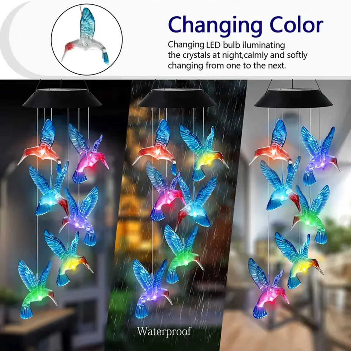 Carillons éoliens solaires à couleur changeante, 1 pièce, lumières colibri solaires d'extérieur, car