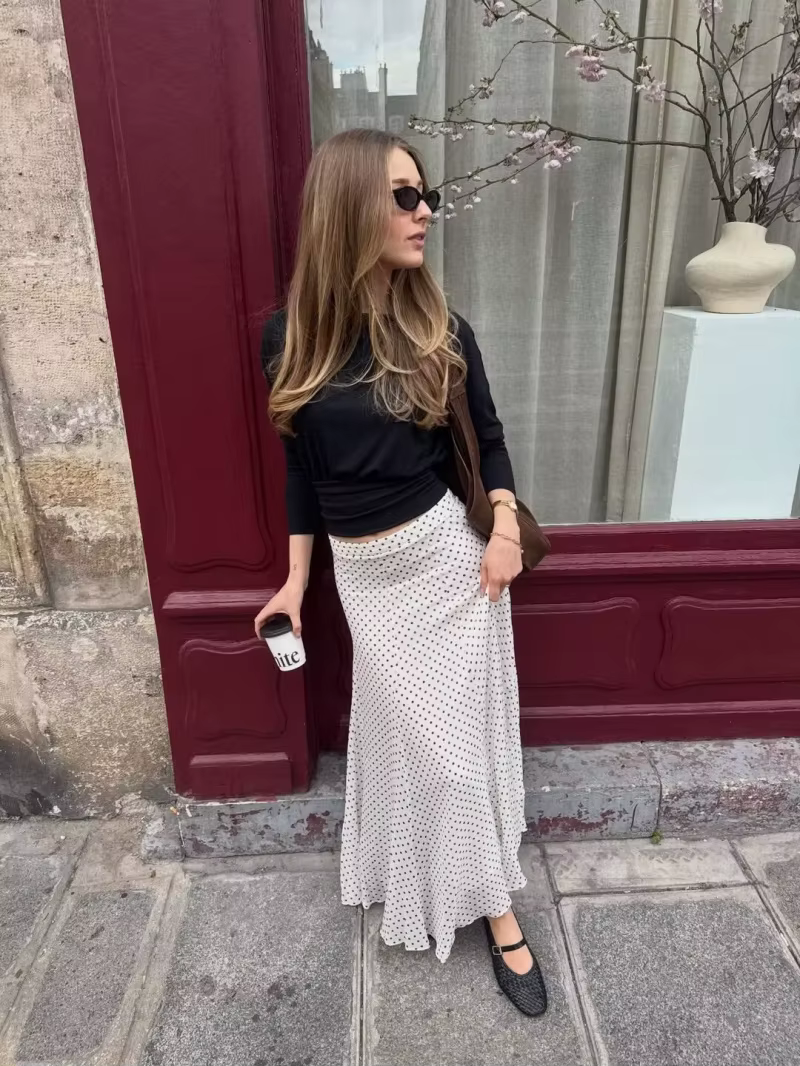 Ensemble jupe et chemisier à pois pour femme ETJ, collection Printemps 2026, col montant, manches ch