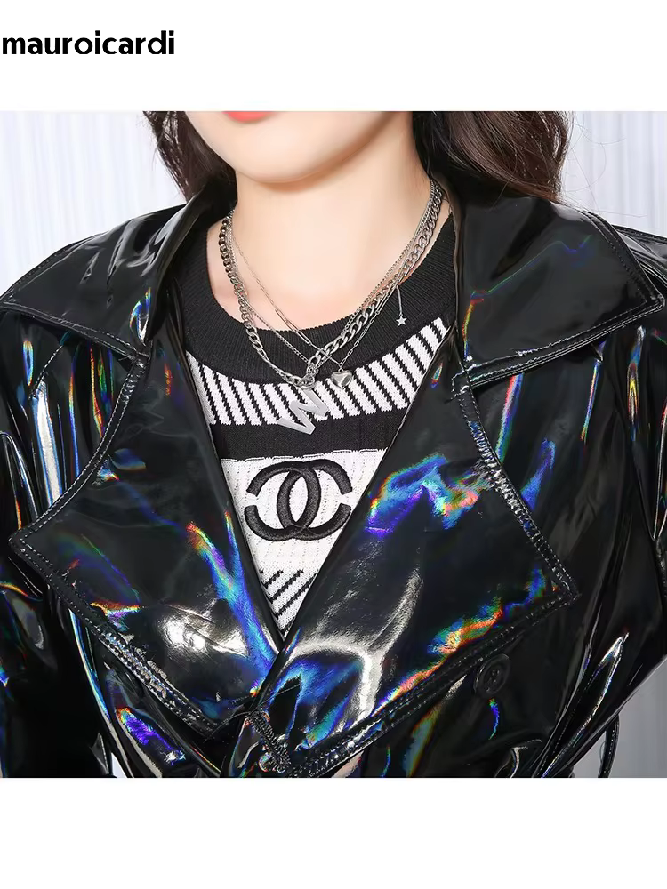 Mauroicardi printemps doux mince fluide brillant réfléchissant holographique noir PVC Faux cuir Tren