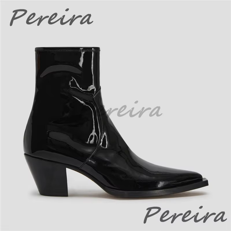 Bottes Chelsea en cuir verni noir pour hommes, chaussures courtes à bout pointu en cuir de vache ave