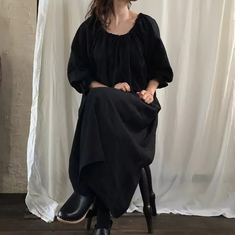 Robe élégante en coton et lin pour femmes, Maxi, décontractée, manches longues lanterne, Vintage, am