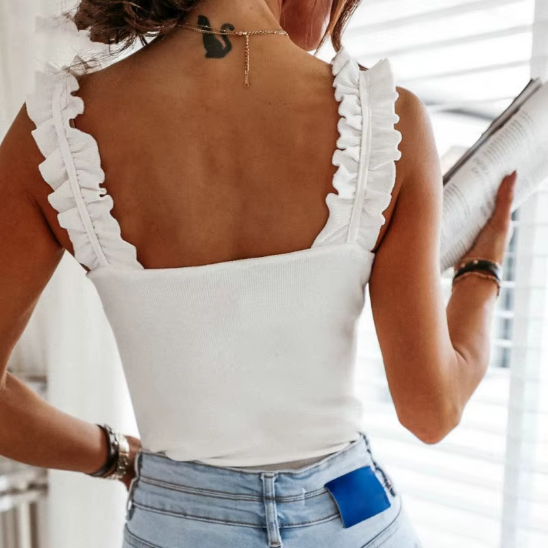 Précieux Y-Femmes Col Carré Monochromatique Tricot Décontracté Basique Ddeau Lit Slim Volants, Été