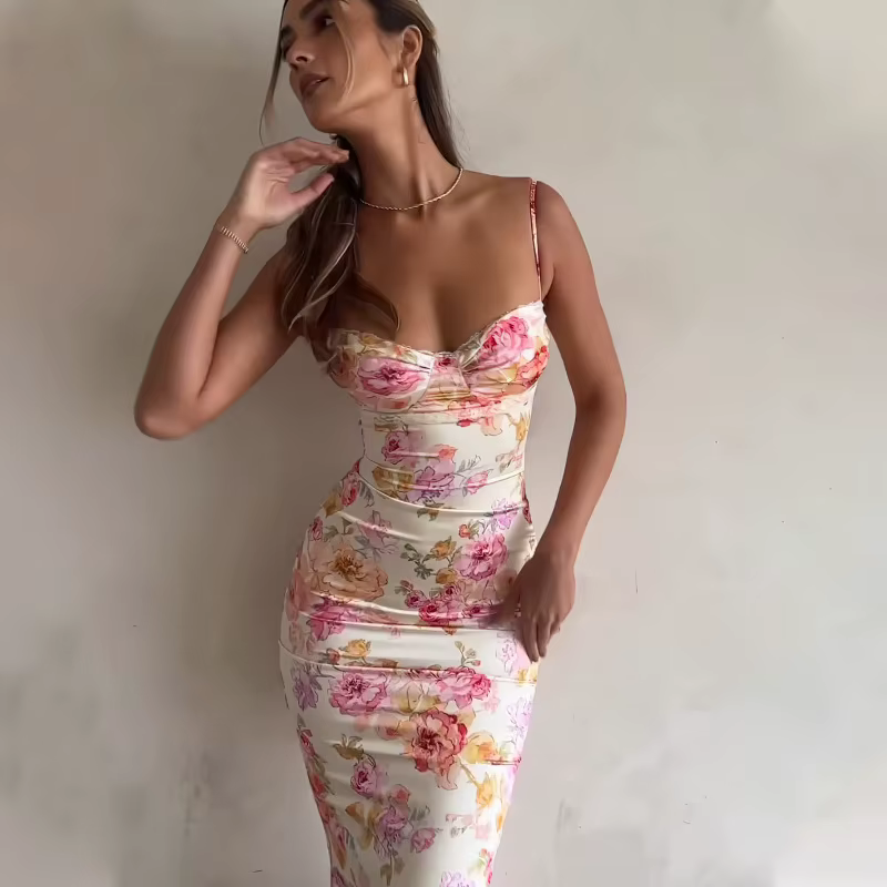Robe à bretelles florales fendue, Slim, sans manches, Style plage, bretelles Spaghetti, vêtements po