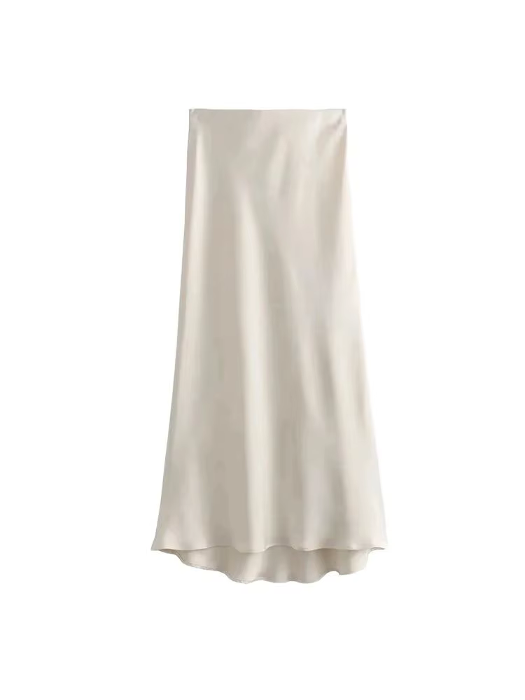 Jupe mi-longue semblable à de soie pour femmes, doux au toucher, taille haute, ceinture élastique, C