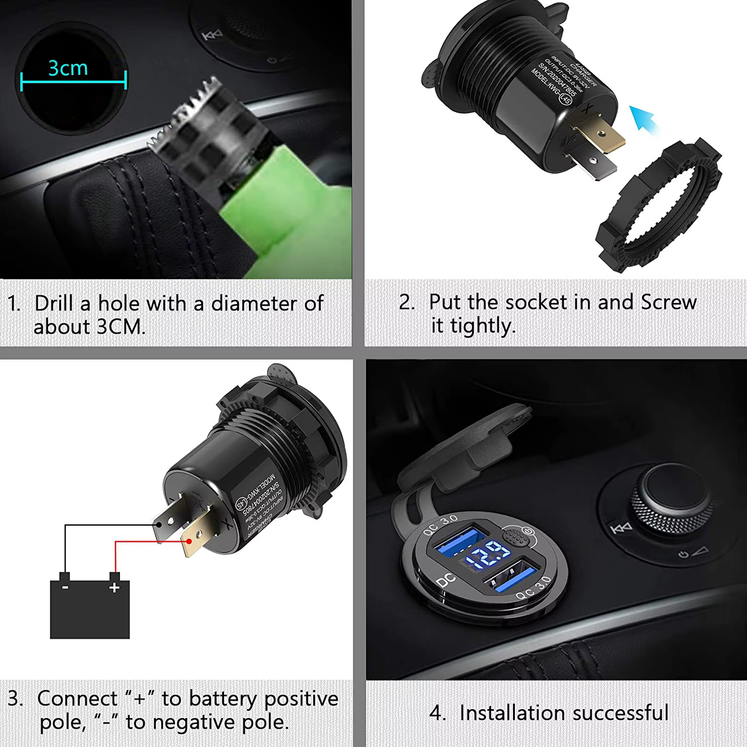 Adaptateur de chargeur automatique QC3.0 36W étanche avec interrupteur de voltmètre, prise de charge
