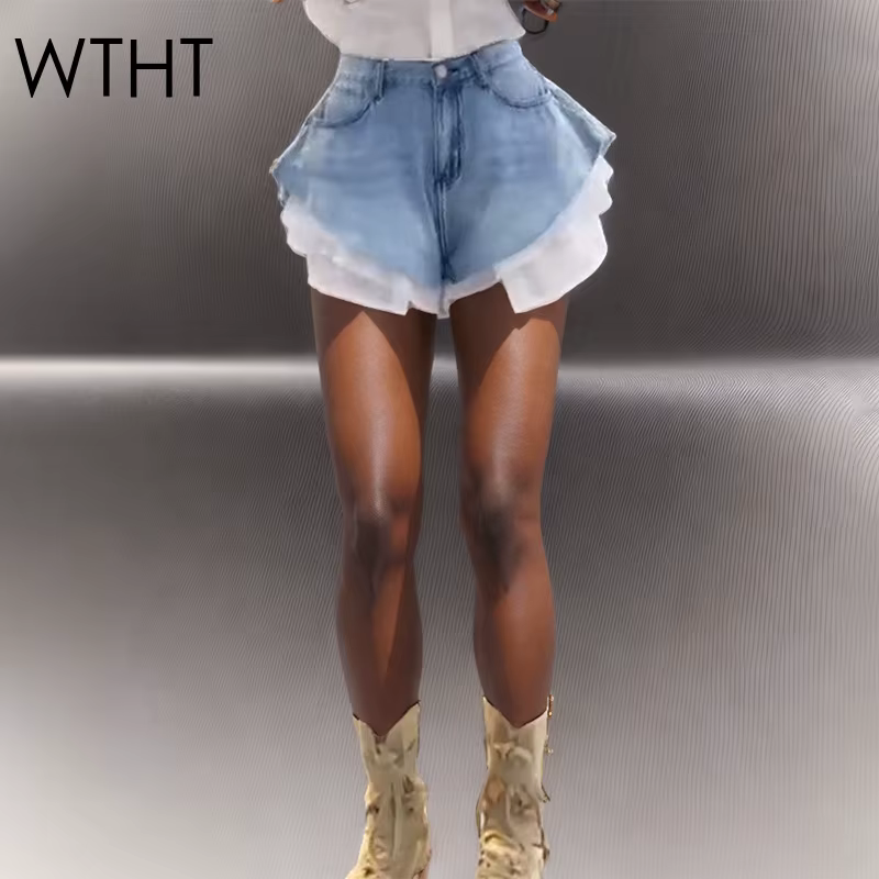 WTHT nouvelle mode femmes Patchwork ourlet lavage Denim Shorts 2025 été à la mode taille haute a-lig