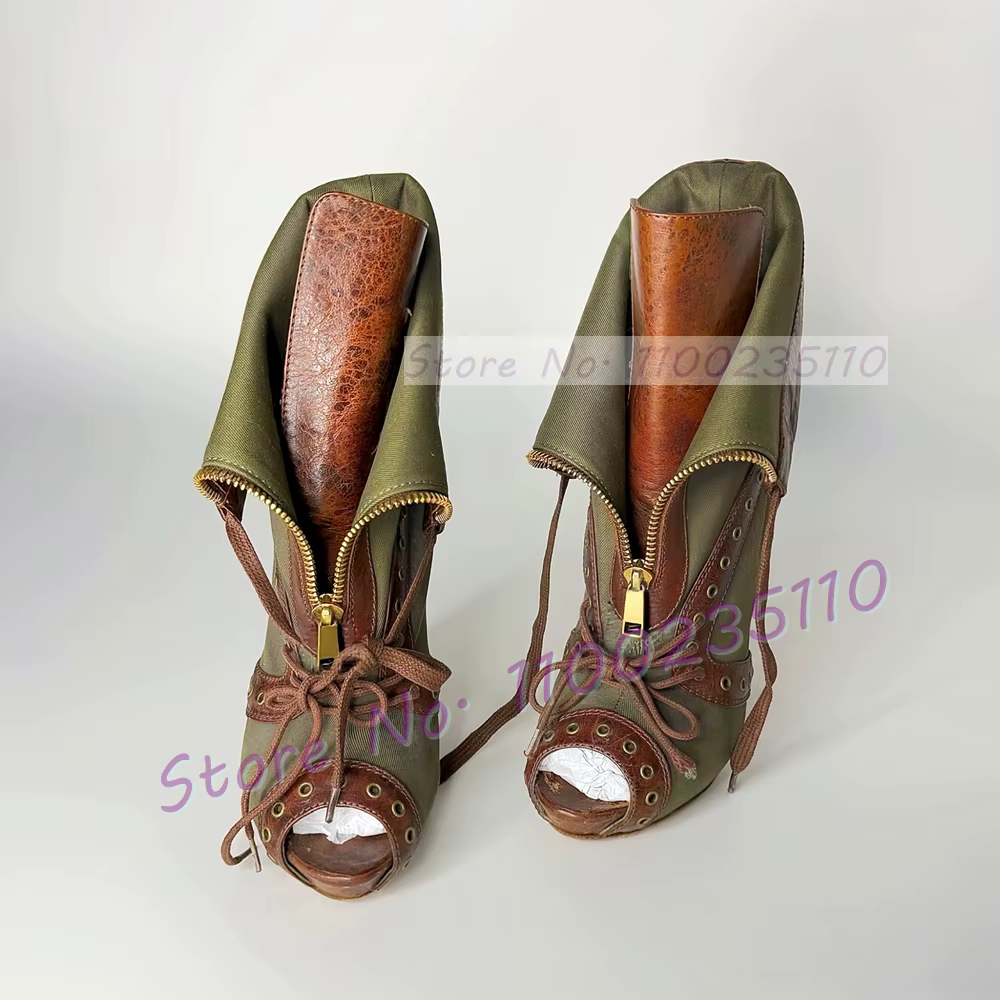 Sandales vert armée en jean patchwork pour femme, sexy, à bout ouvert, avec fermeture éclair décorat