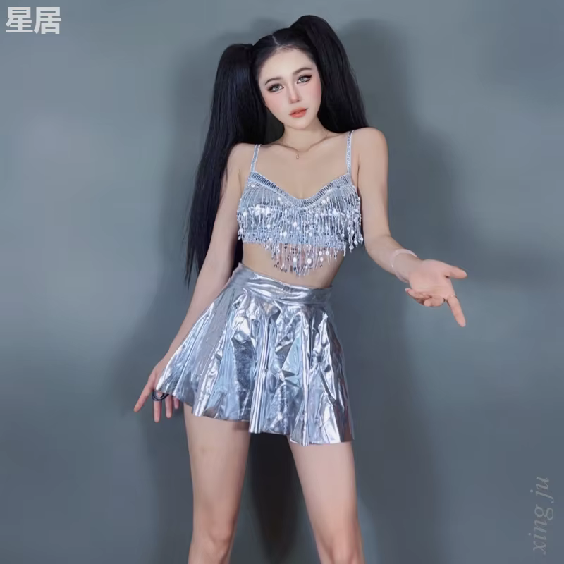 Costume de Scène de Discothèque pour Femme, Jupe Courte Taille Haute, Sexy, Brillante, DJ, Festivals