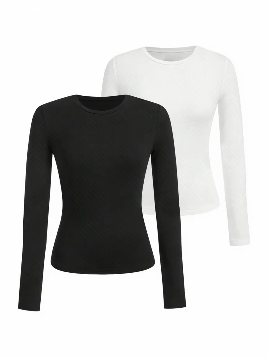 T-shirt femme manches longues couleur unie - Tissu tricoté polyester, col rond, coupe régulière, sty