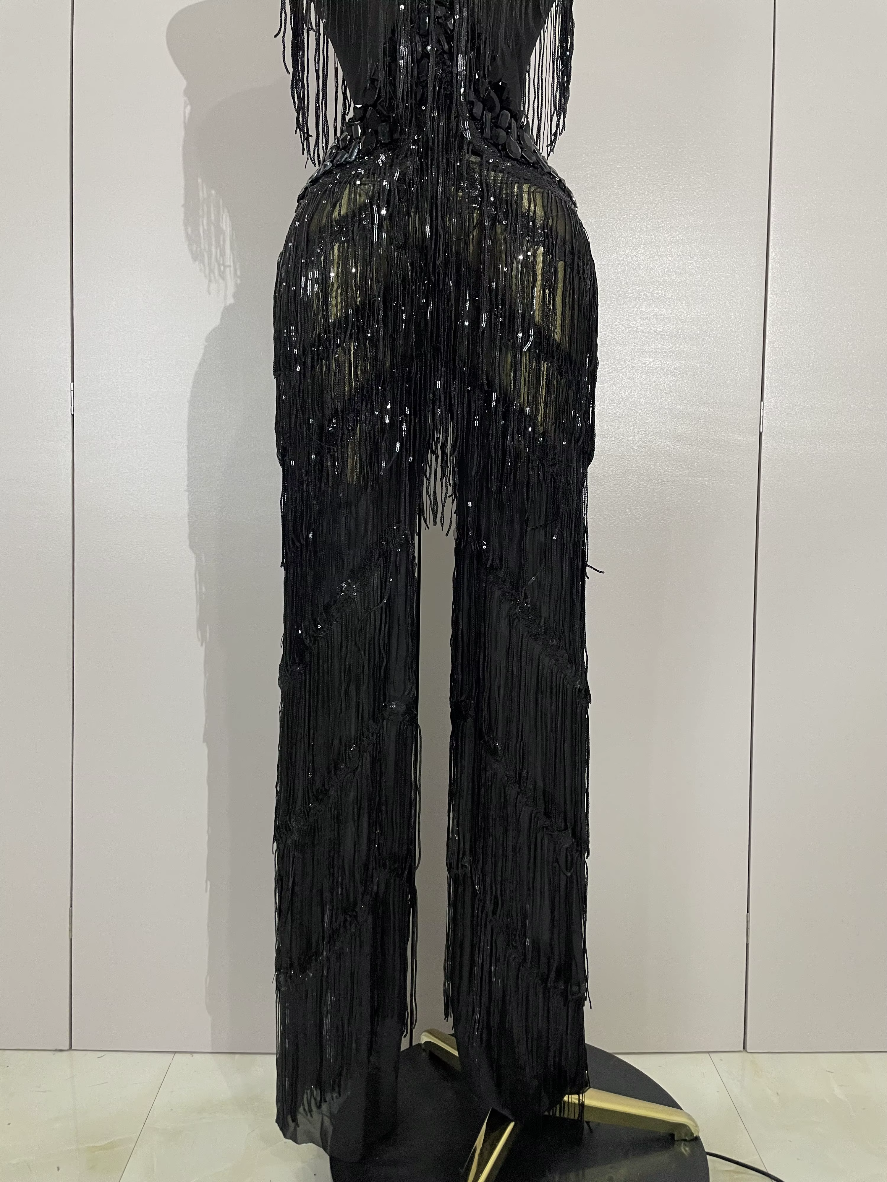 Combinaison à franges et paillettes pour femmes, strass noirs scintillants, tenue Sexy pour boîte de