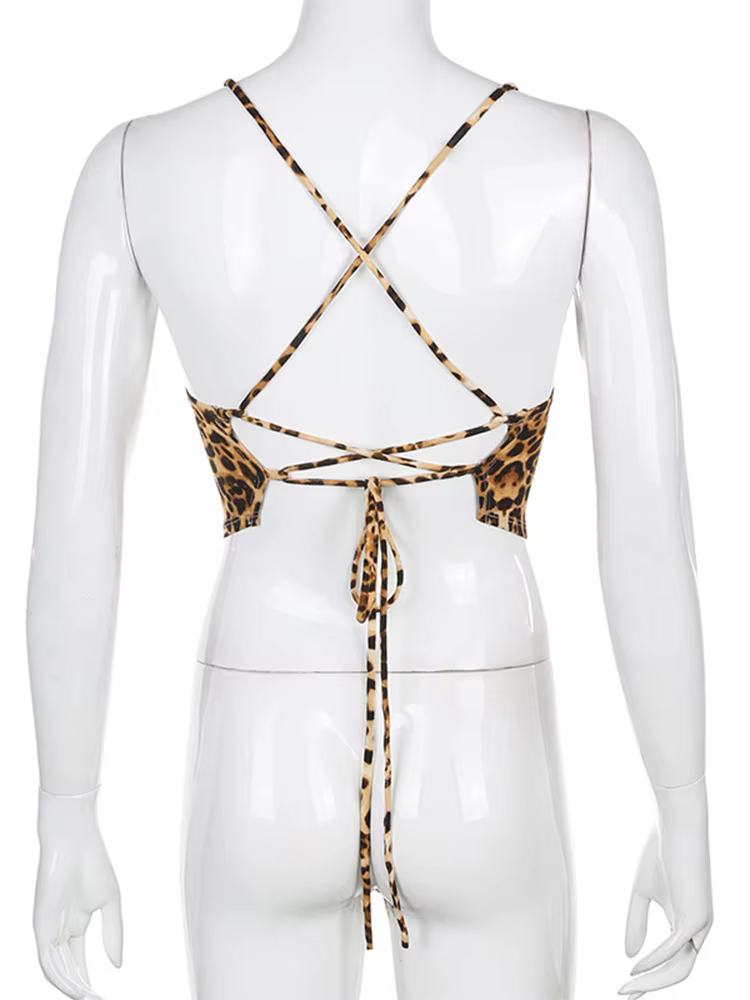 Débardeur à motif léopard pour femmes, dos nu, Sexy, tenues Rave, sans manches, croisé, à lacets, Br