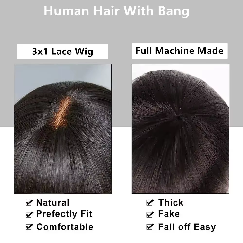 Perruque Bob Lace Wig Brésilienne Naturelle, Cheveux Courts et Lisses, avec Frange, 3x1 HD, 100% de 