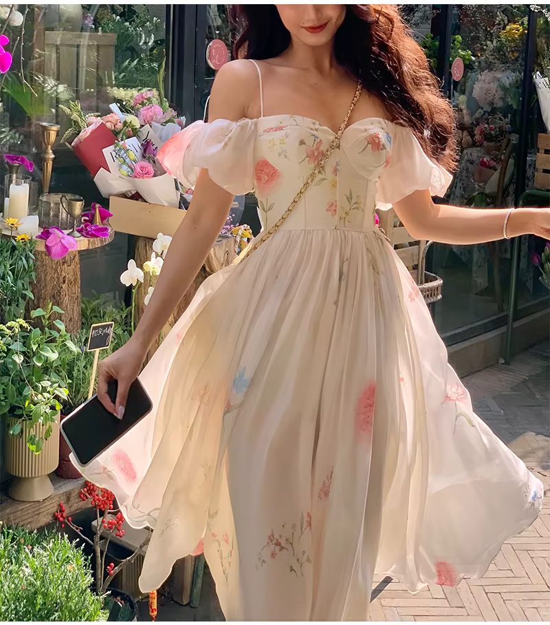 Une épaule bulle manches jarretelle robe florale été 2025 Style français jupe longue enfants robes d