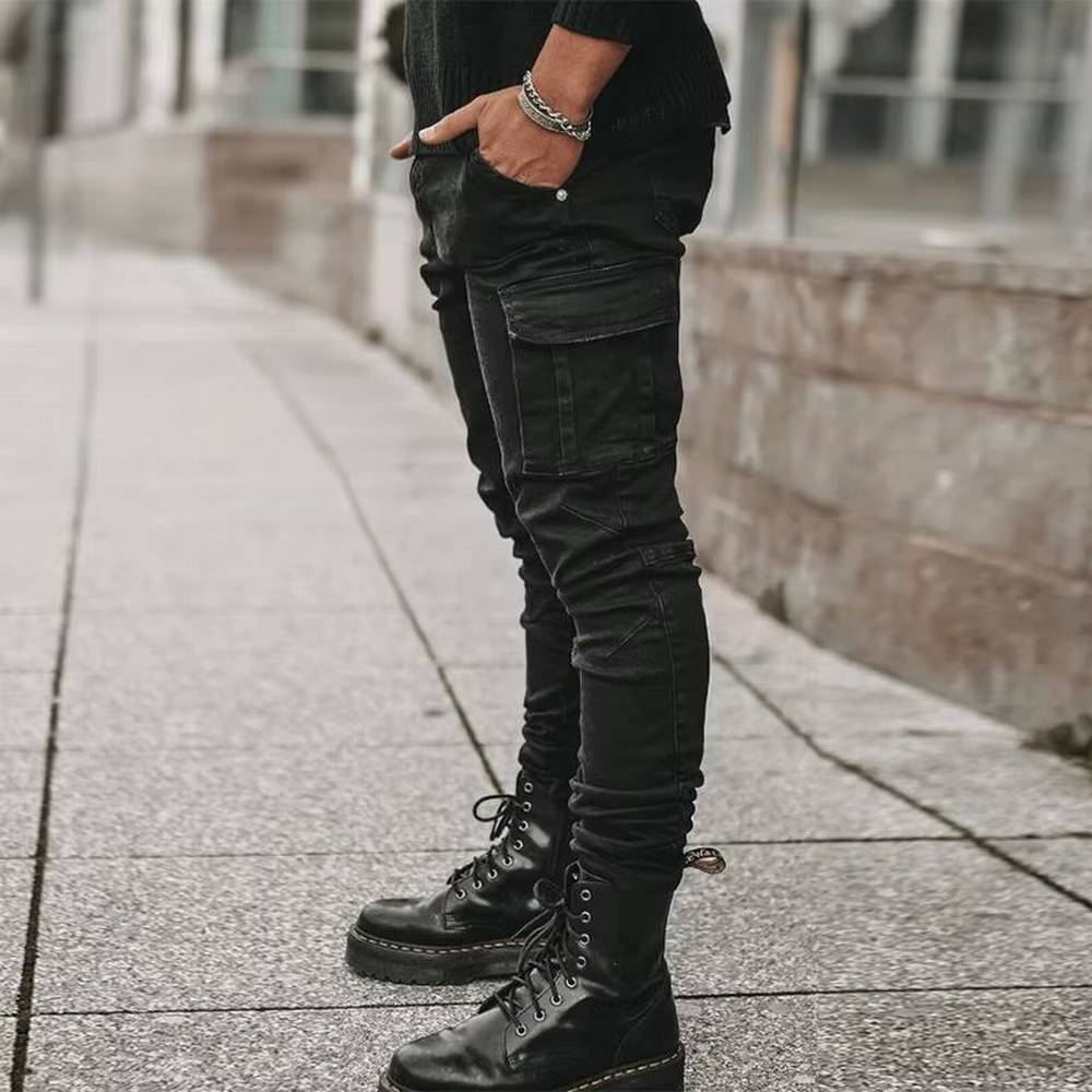 Jean élastique de rue pour hommes, pantalon Cargo en Denim, couleur unie, multi-poches, décontracté,