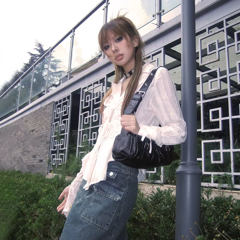 Chemise plissée à col en V Fairycore, chemisier à lacets, esthétique, Trash, style japonais irréguli