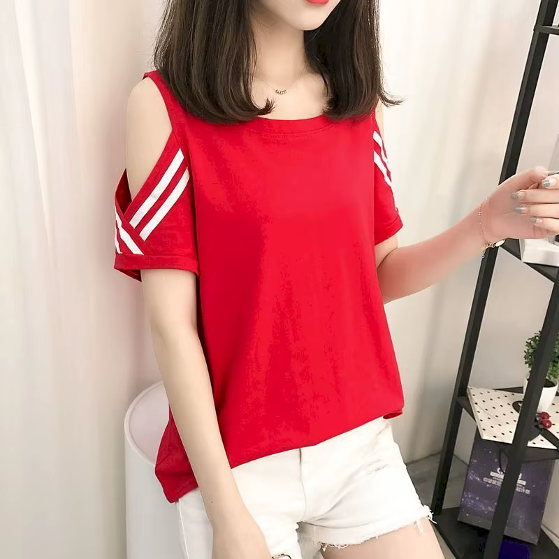 T-shirt ample à manches courtes pour femme, haut estival et fin, surdimensionné, à épaules dénudées,
