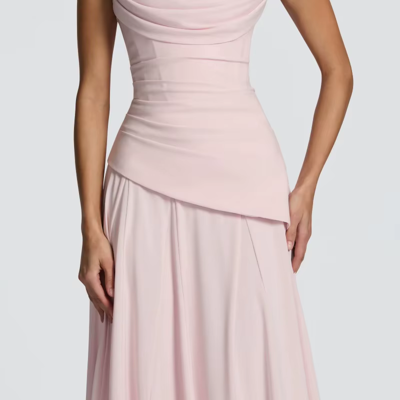 Robe de soirée rose poudré pour femme, col bénitier, dos froncé, à lacets, sans manches, élégante, p