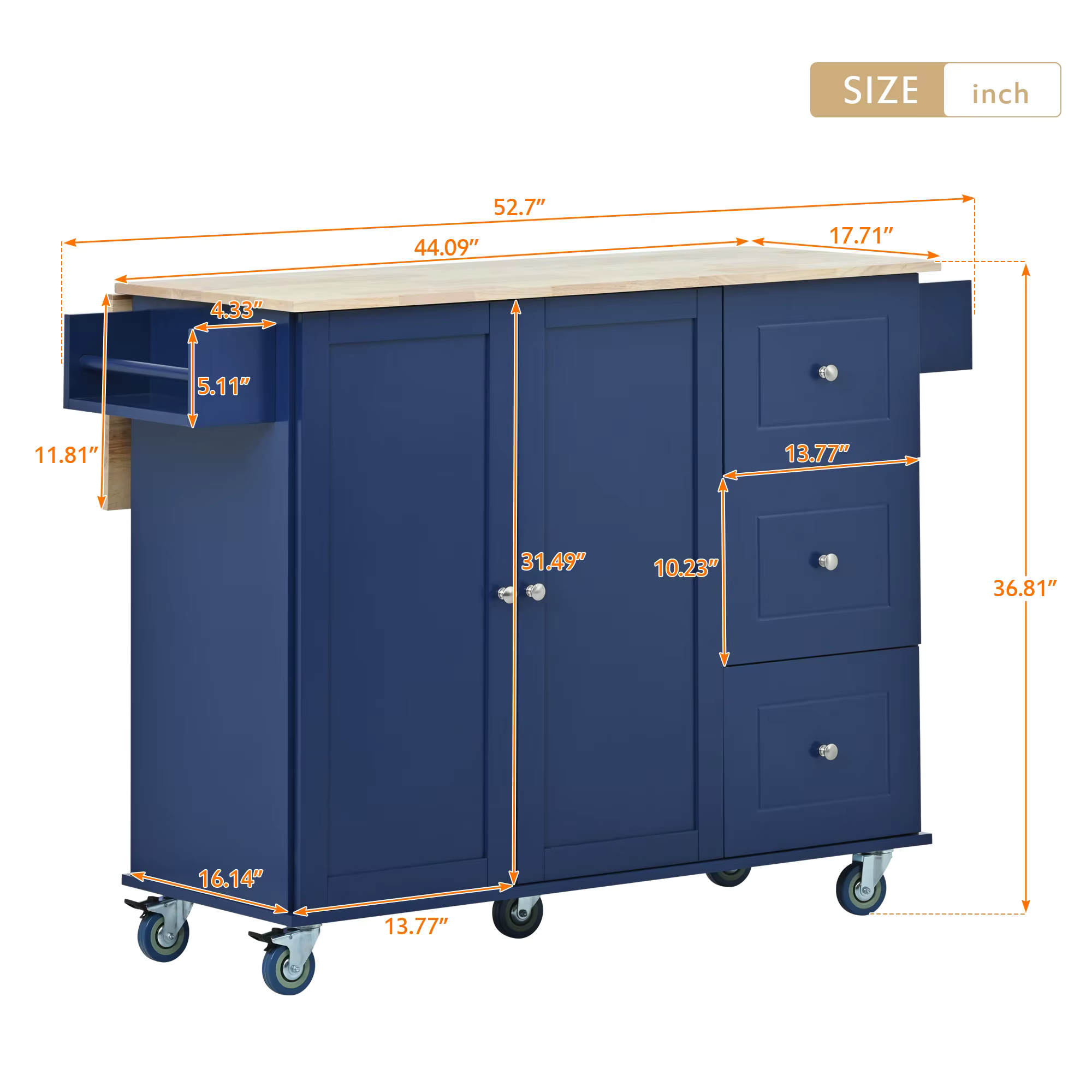 Îlot de cuisine mobile roulant avec plateau en bois massif et roues de verrouillage, armoire de rang