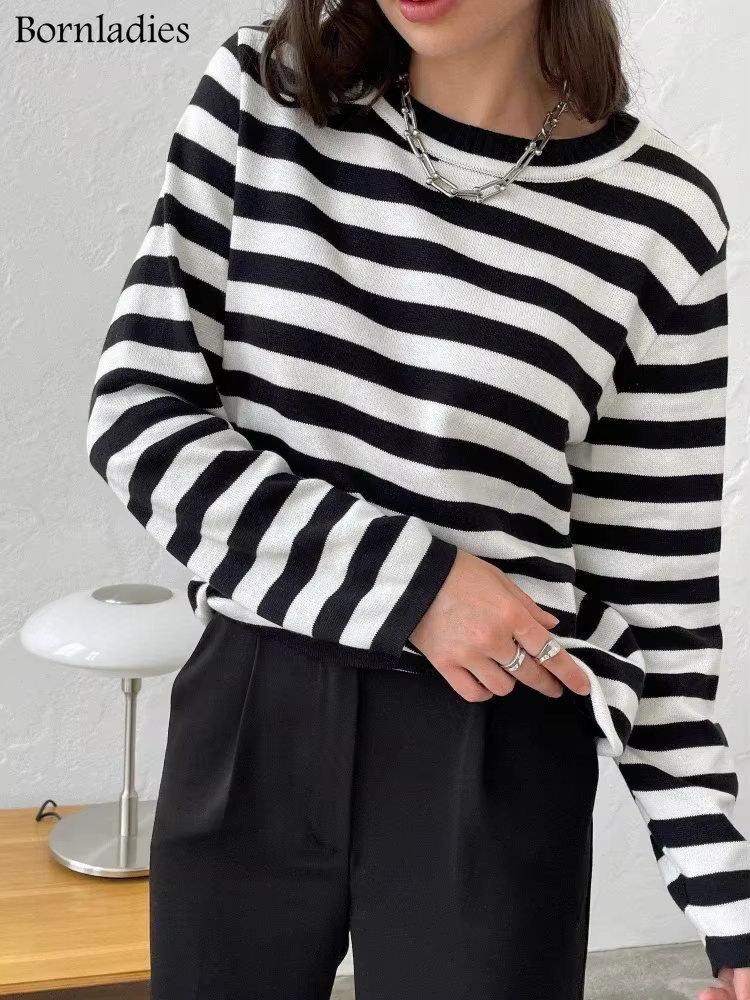 Bornladies tricoté rayure pull femmes 2025 automne hiver ample décontracté épais pulls femme chaud à