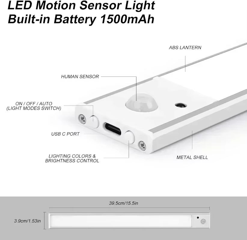 Lampe LED avec capteur de mouvement, Rechargeable par USB, 1500mAh, pour chambre, cuisine, armoire, 