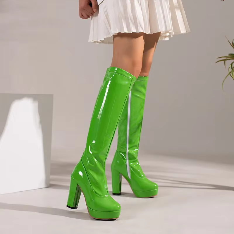 Femmes jaune genou haute plate-forme bottes couleur bonbon rouge vert violet cuir verni talons épais