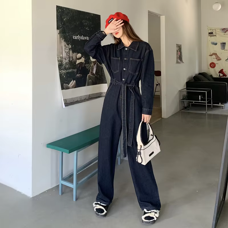 Combinaison en jean ample à taille élastique, couleur unie, style coréen, nouvelle collection printe