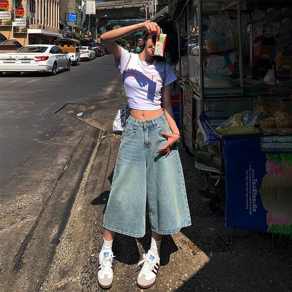 Jean Baggy Vintage pour femmes, Style américain, Y2k, ample, délavé, taille haute, longueur aux geno