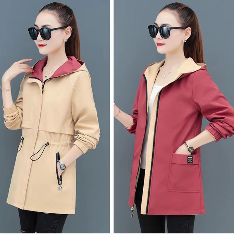 Trench-Coat Double face pour femmes, coupe-vent mi-long, à capuche, hauts d'étudiant, Gabardina Muje