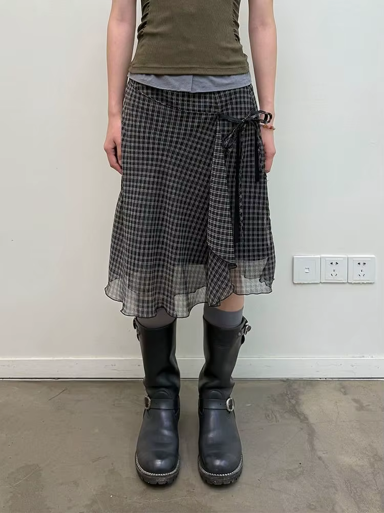 Deeptown Vintage Plaid maille jupes femmes japonais asymétrique mi jupe Y2k Harajuku à lacets jupes 