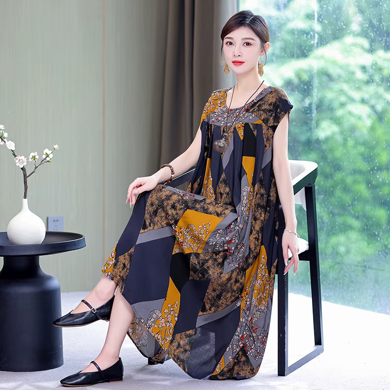 Nouvelle Collection Tendance : Robe Décontractée Été 2026 Imprimée Ample Col Rond en Coton pour Femm